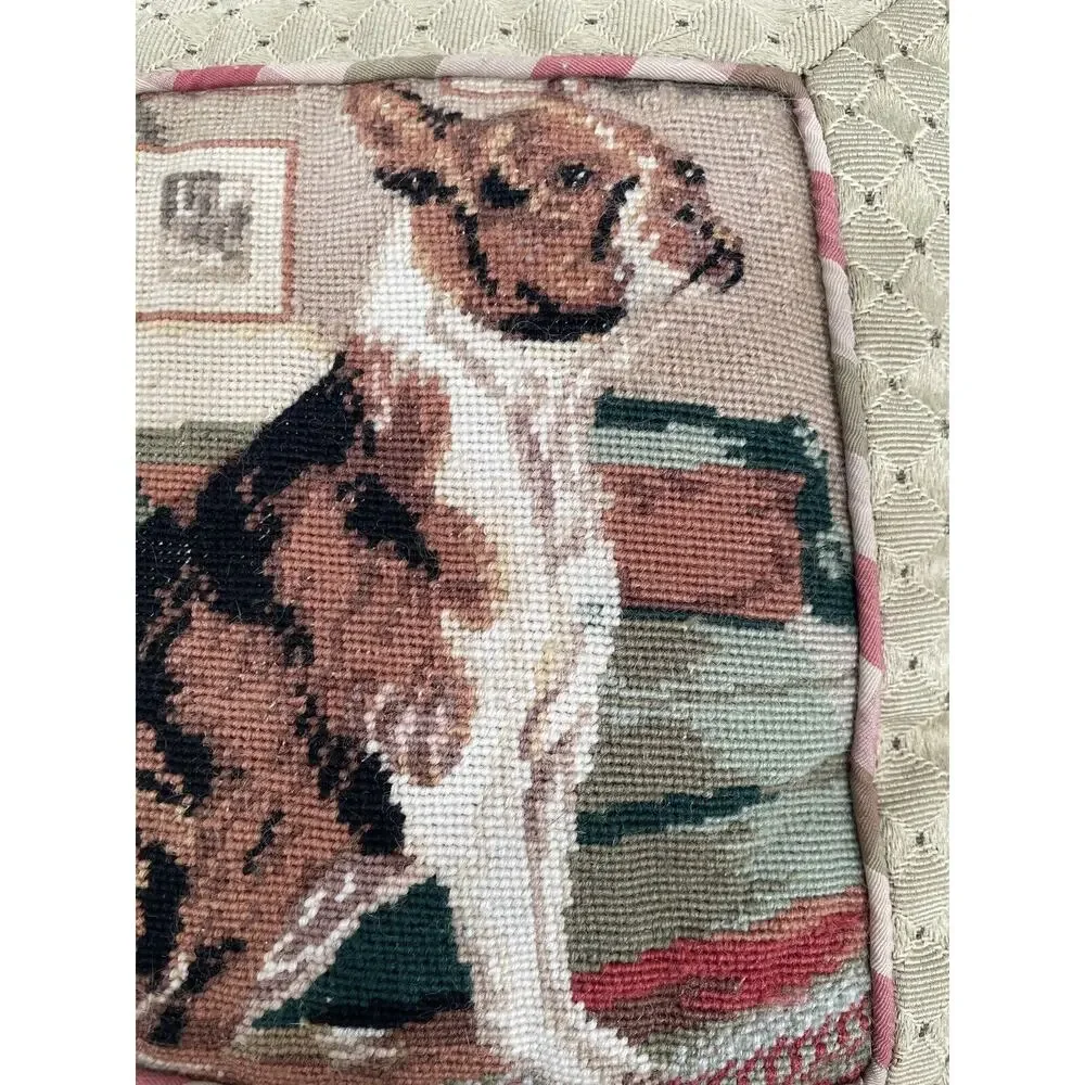 Antique Needlework Point Pillow Boston Terrier Dog Tapestry Ball Fringe 12 X 12